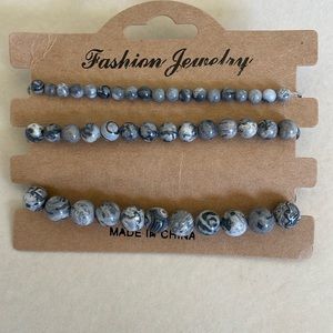 Fashion Jewelry NWT 3 Elastic Gray Beaded Bracelets